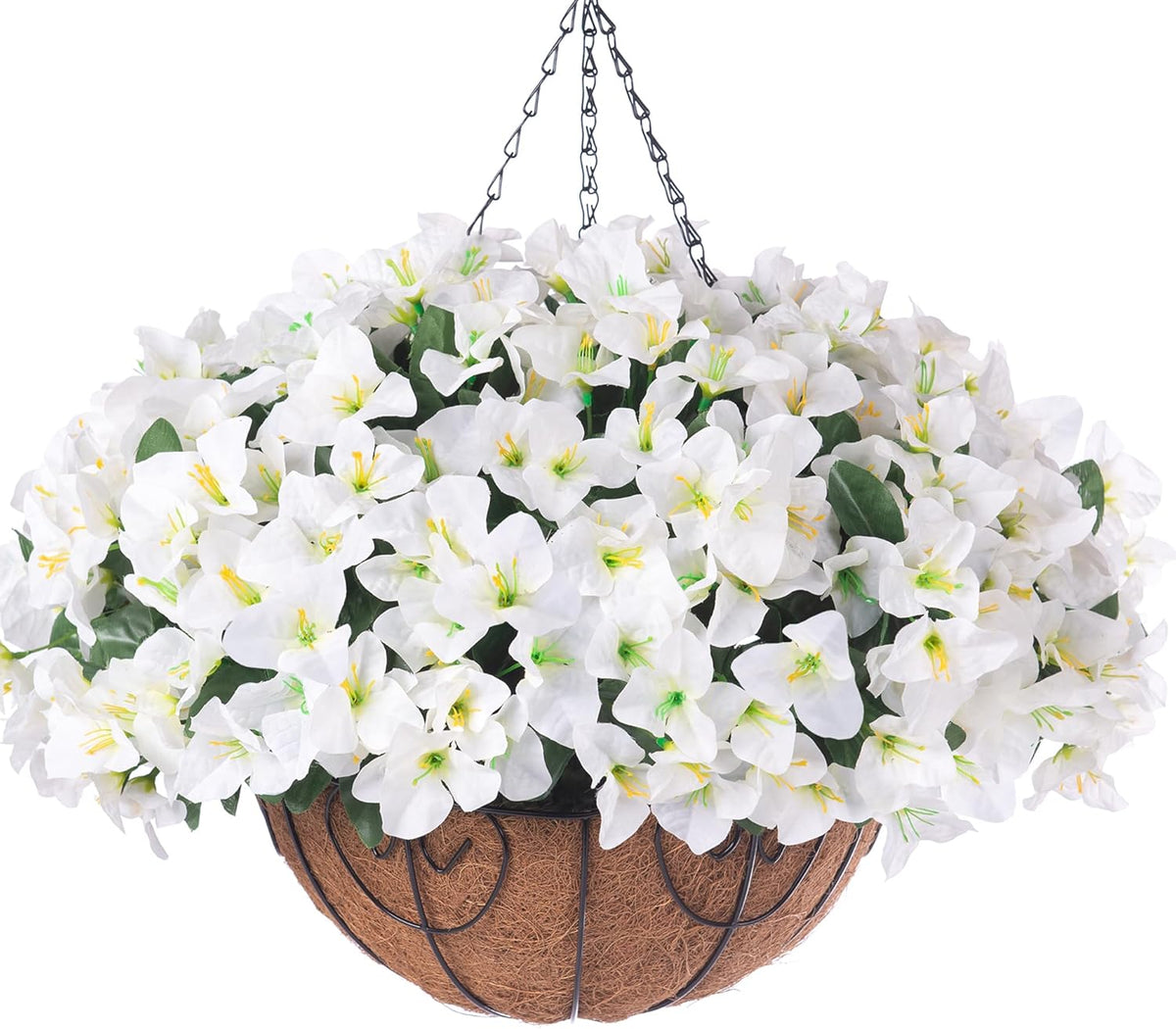 Artificial Hanging Flowers Faux Plants Basket for Outdoors Fall Winter Decor, Fake Silk Bougainvillea in Planter Outdoor Look Real UV Resistant Faux Flower for Outside Porch Patio Garden Home, White
