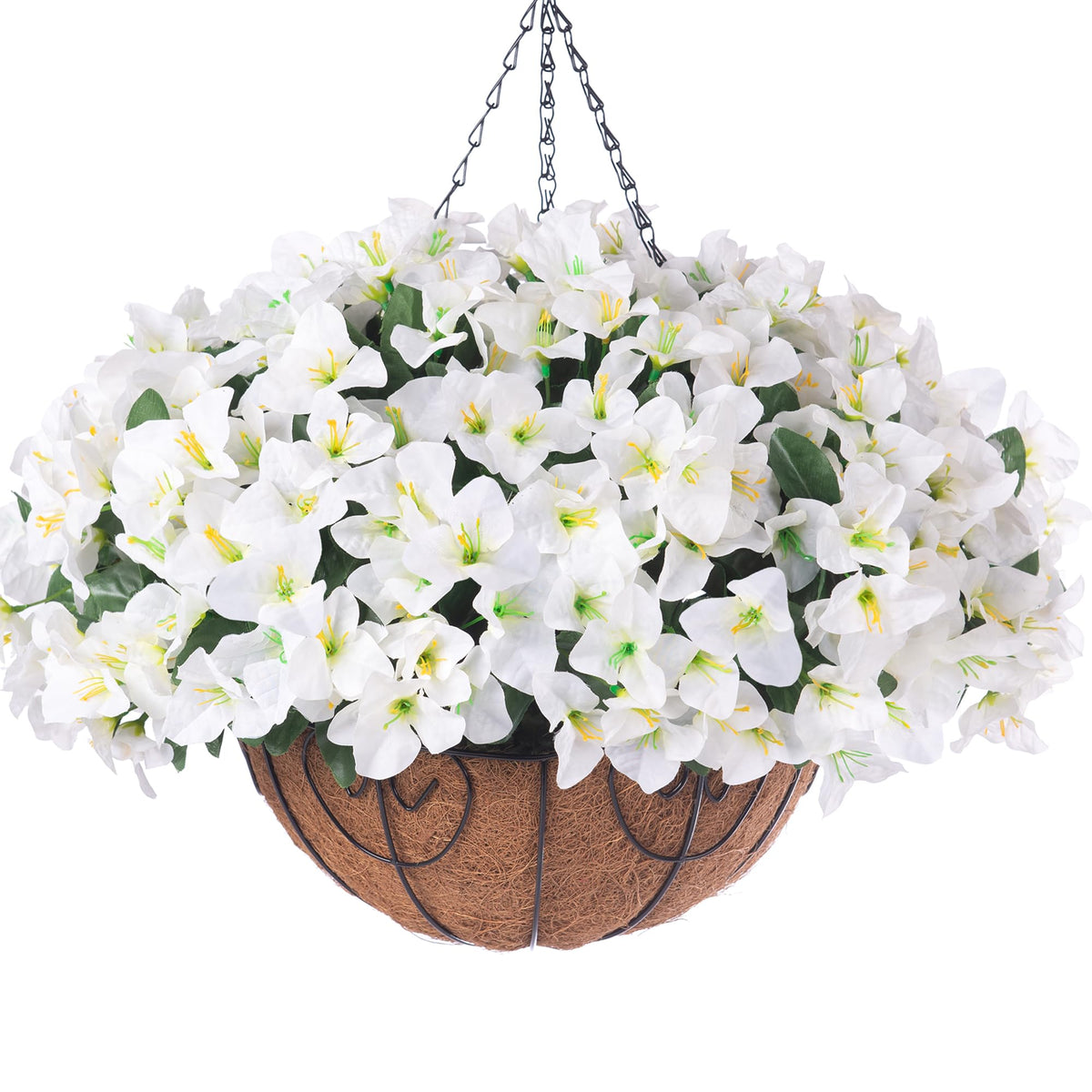 Artificial Hanging Flowers Faux Plants Basket for Outdoors Fall Winter Decor, Fake Silk Bougainvillea in Planter Outdoor Look Real UV Resistant Faux Flower for Outside Porch Patio Garden Home, White