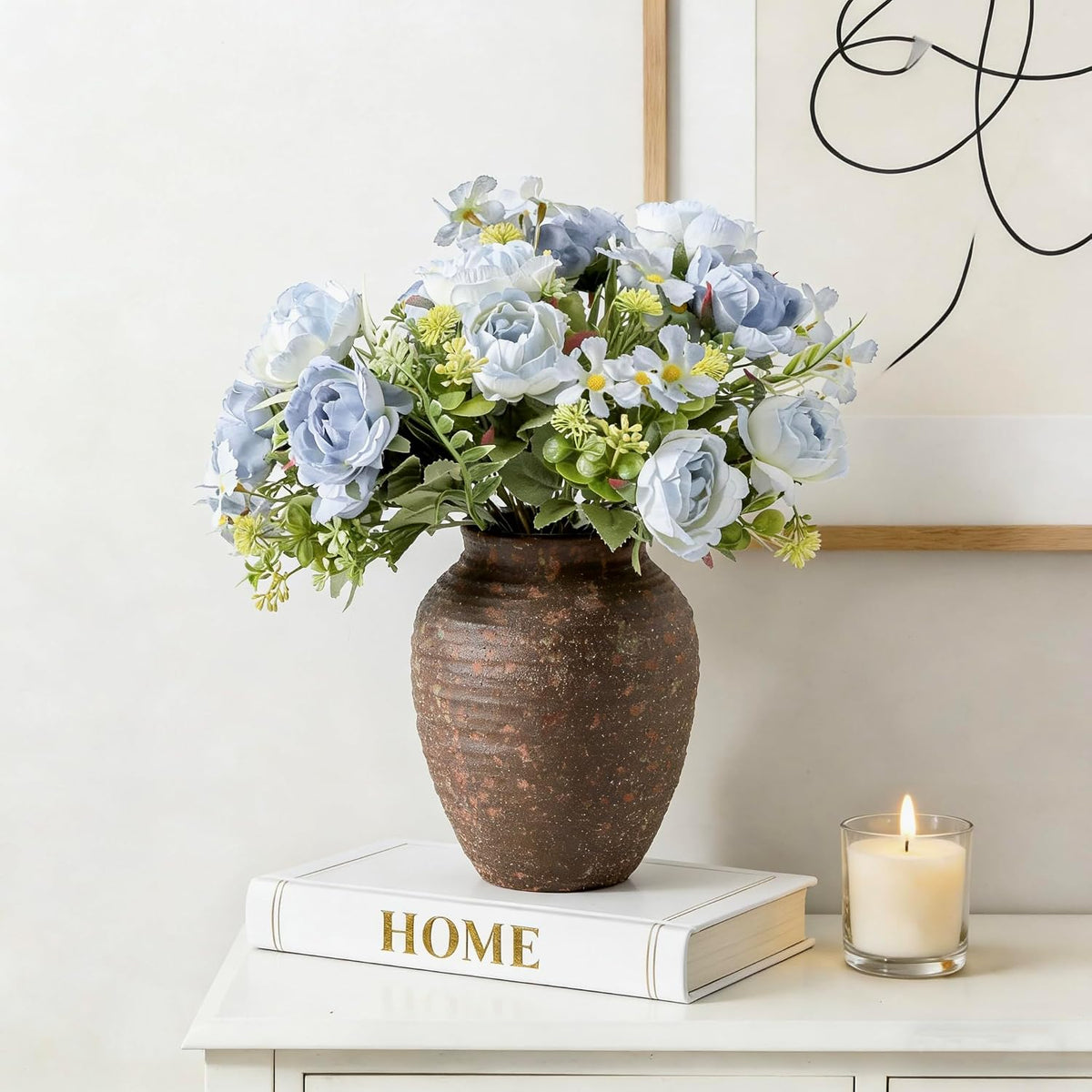 Ceramic Flower Vase, 7.4 Inch Rustic Farmhouse Pottery Decor
