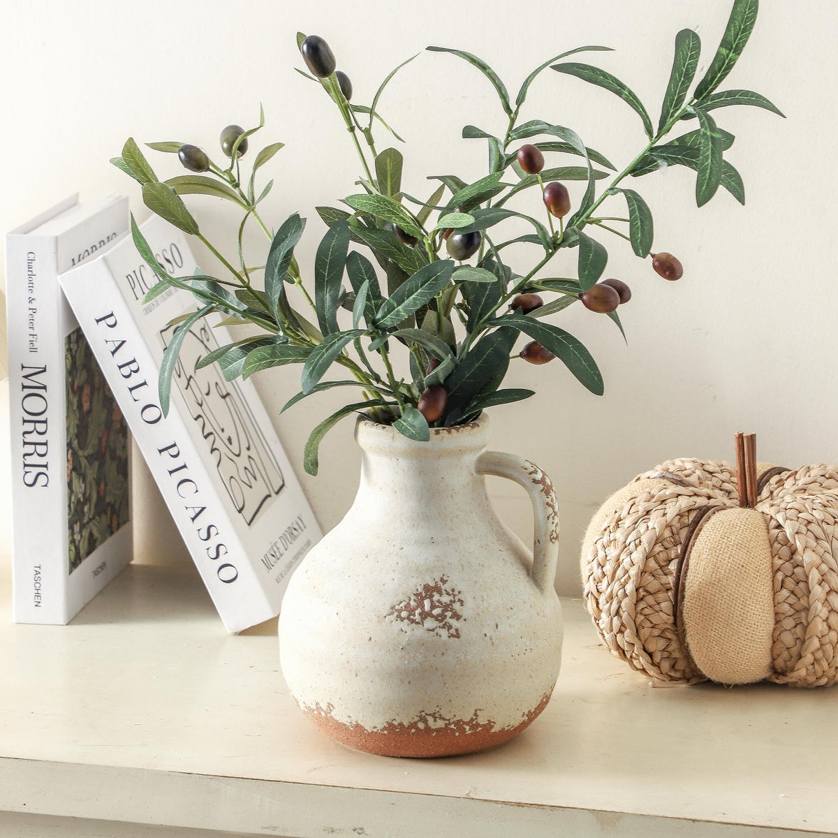 Ceramic Flower Vase, 7.4 Inch Rustic Farmhouse Pottery Decor