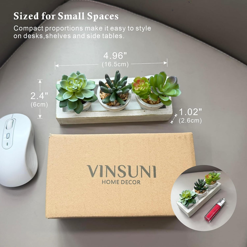 3 Pack Mini Artificial Succulent Plants with Wooden Tray