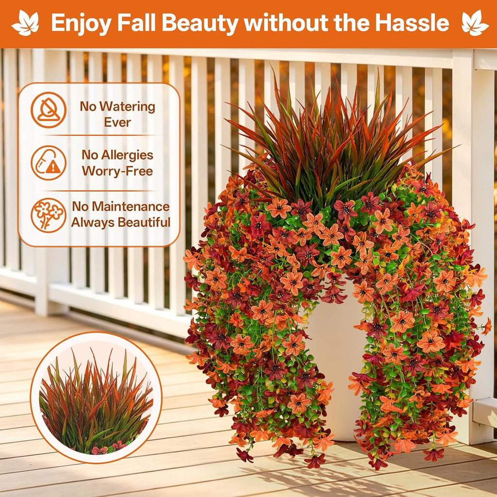 7PCS Artificial Fall Hanging Flowers for Outdoor, Six-Petaled Faux Mums