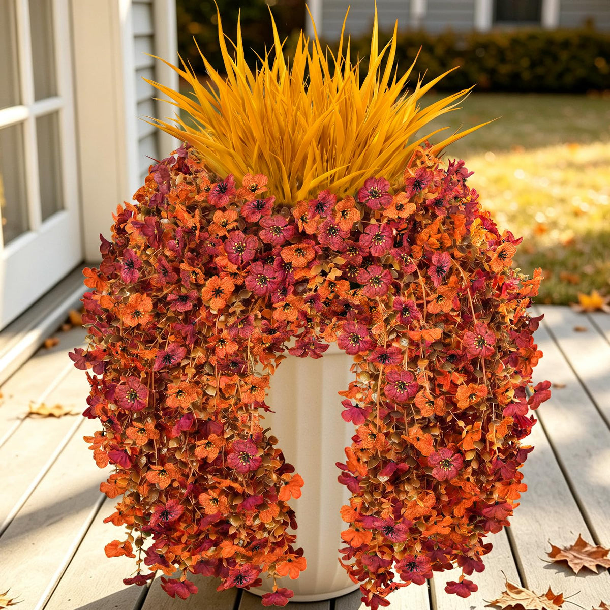 7PCS Artificial Fall Hanging Flowers for Outdoor, Six-Petaled Faux Mums