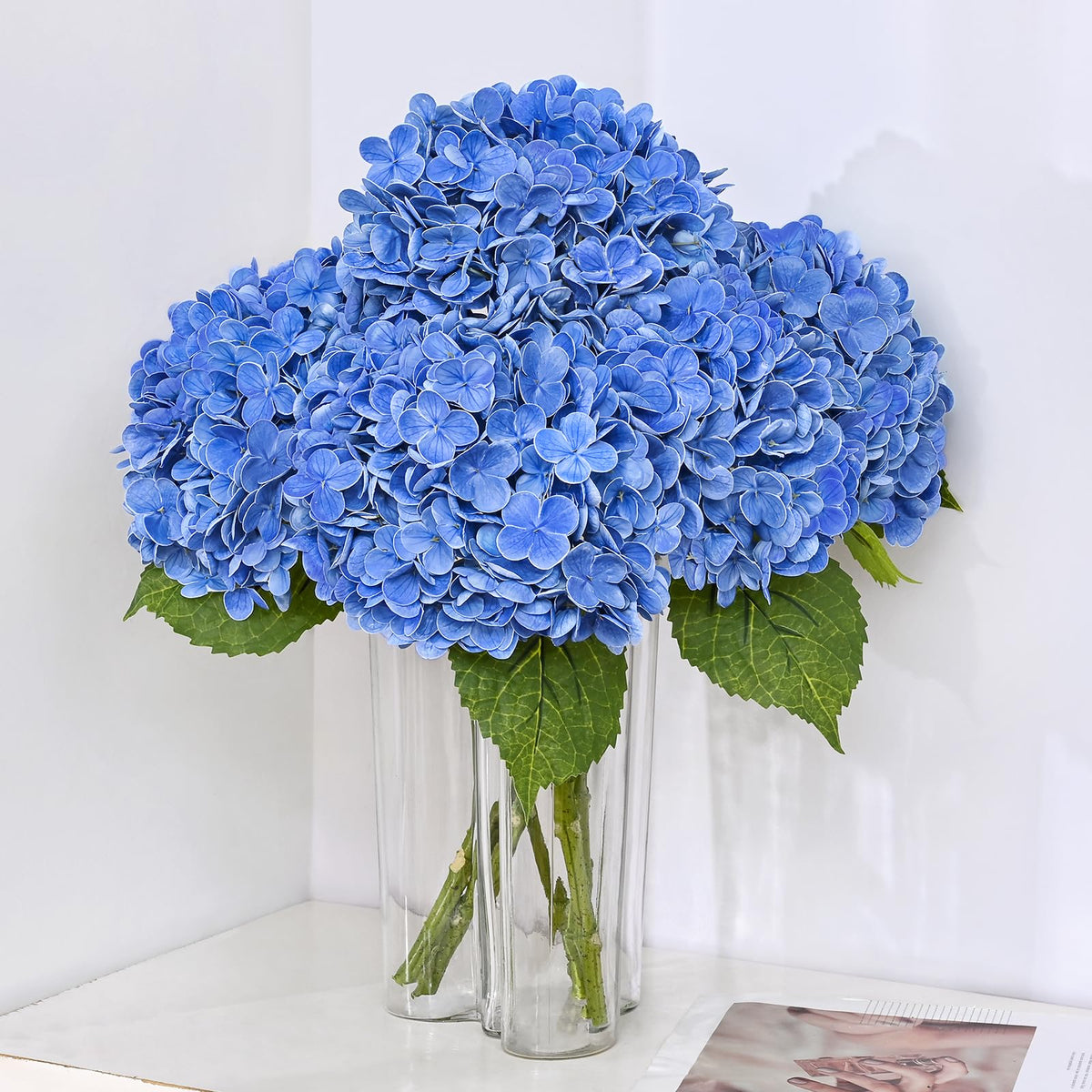 MARTINE MALL 3Pcs 21in Hydrangea Artificial Flowers, Latex Real Touch Hydrangeas Lifelike Large Hydrangea Flowers for Home Decor Party Arrangements Wedding Bouquets Centerpieces (Blue)
