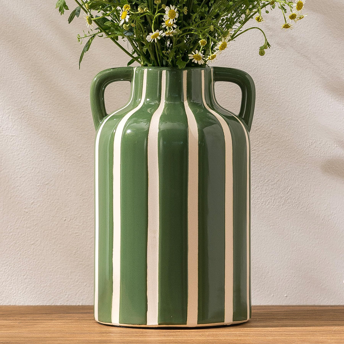 SURE YUESI Black Ceramic Vase with Handles, 9.1 Inch Striped Flower Vase for Halloween Decor, Modern Farmhouse Vase for Pampas Grass, Shelf Decor, Dining Table Centerpiece