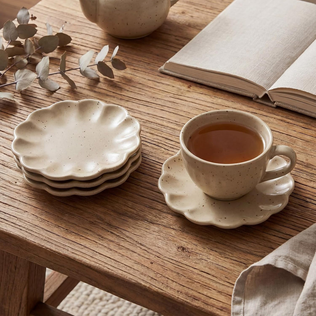 4 Pcs Ceramic Cup Coasters, Scalloped 4.5" Speckled