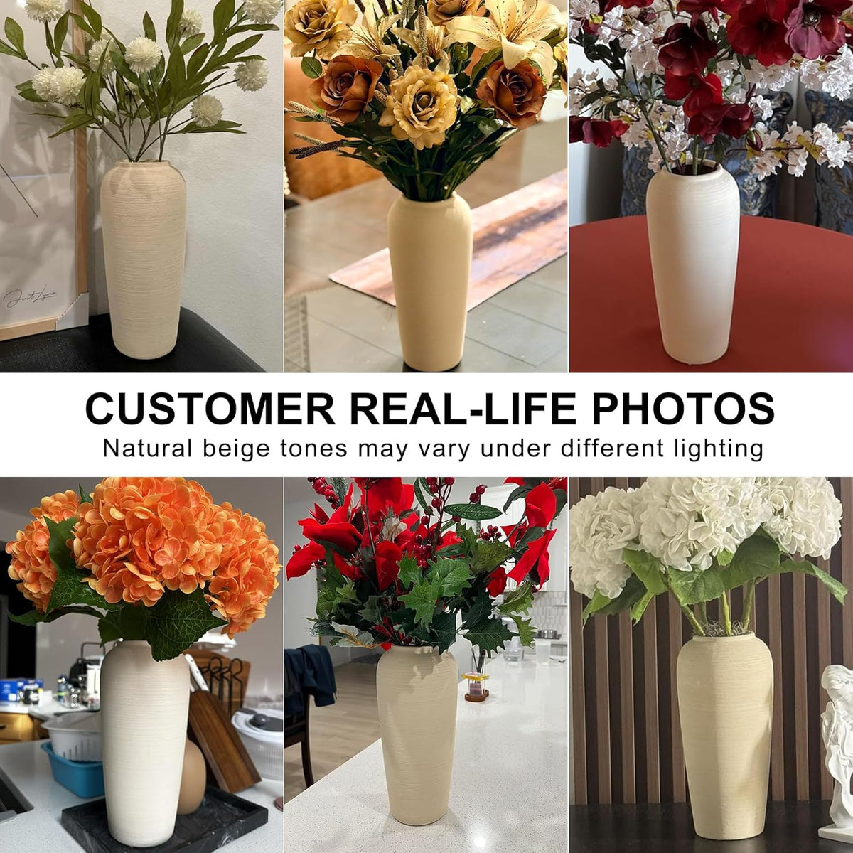 Tall Ceramic Vase 12 Inch Neutral Textured Vase,Cream Vase for Home Decor