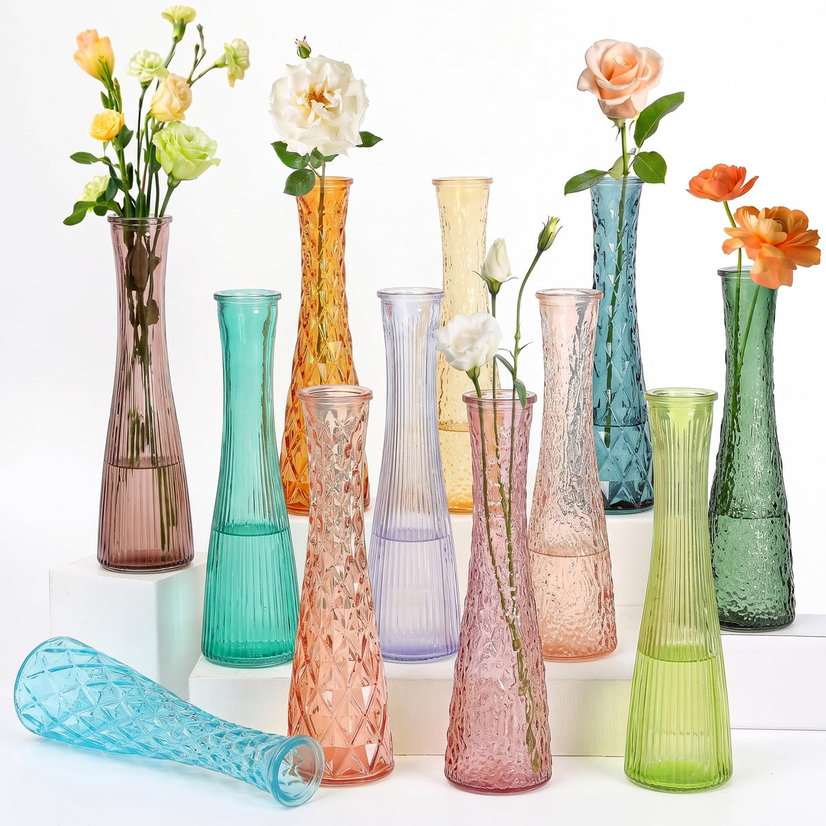 Glass Bud Vases Bulk 12 Pcs - Golden Water Ripple Wedding Centerpiece Vases, Small Flower Vases for Table Decor, Party Events & Home Decor