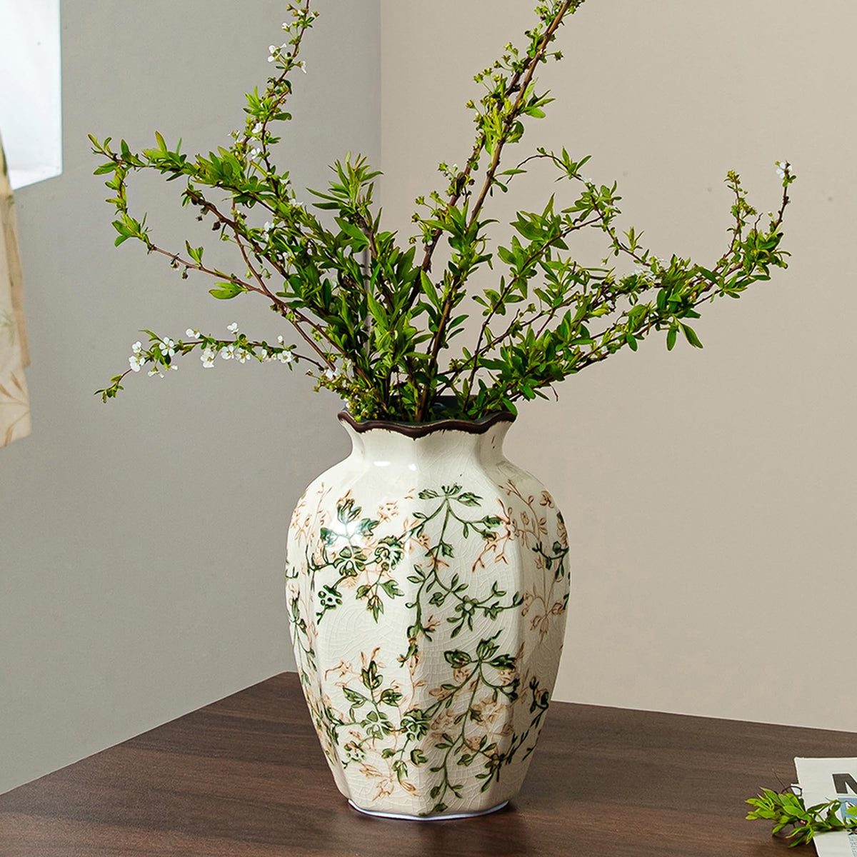 Ceramic Flower Vase for Home Decor, Vintage Green Decorative Vase 6.7 Inch