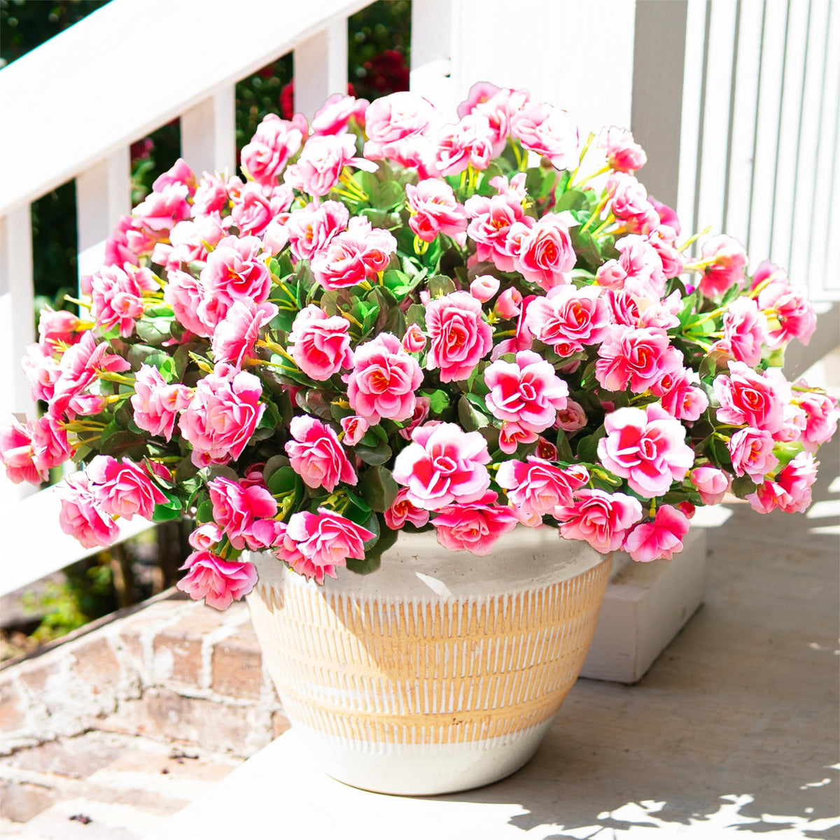HyeFlora Artificial Fake Flowers for Outdoor Outside Spring Decoration, Fake Silk Red Camellia Flower UV Resistant Realistic Plants for Planter Front Door Porch Patio Table Indoor, 3 Large Bundles