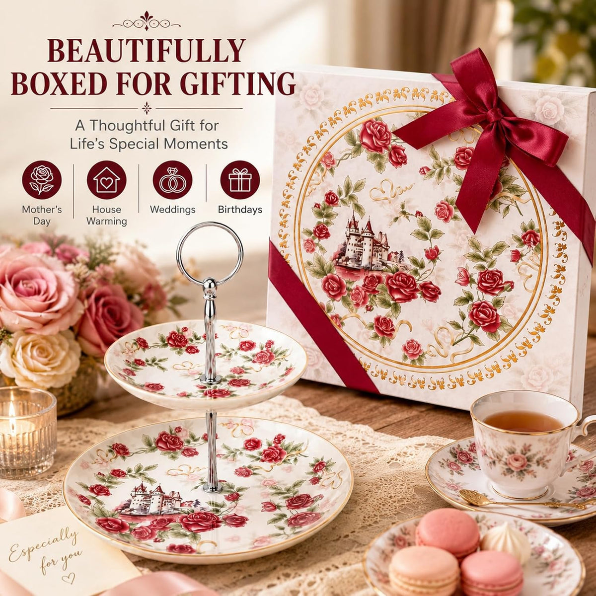 Rose Floral 2-Tier Serving Stand, Ceramic Cupcake & Dessert Tray
