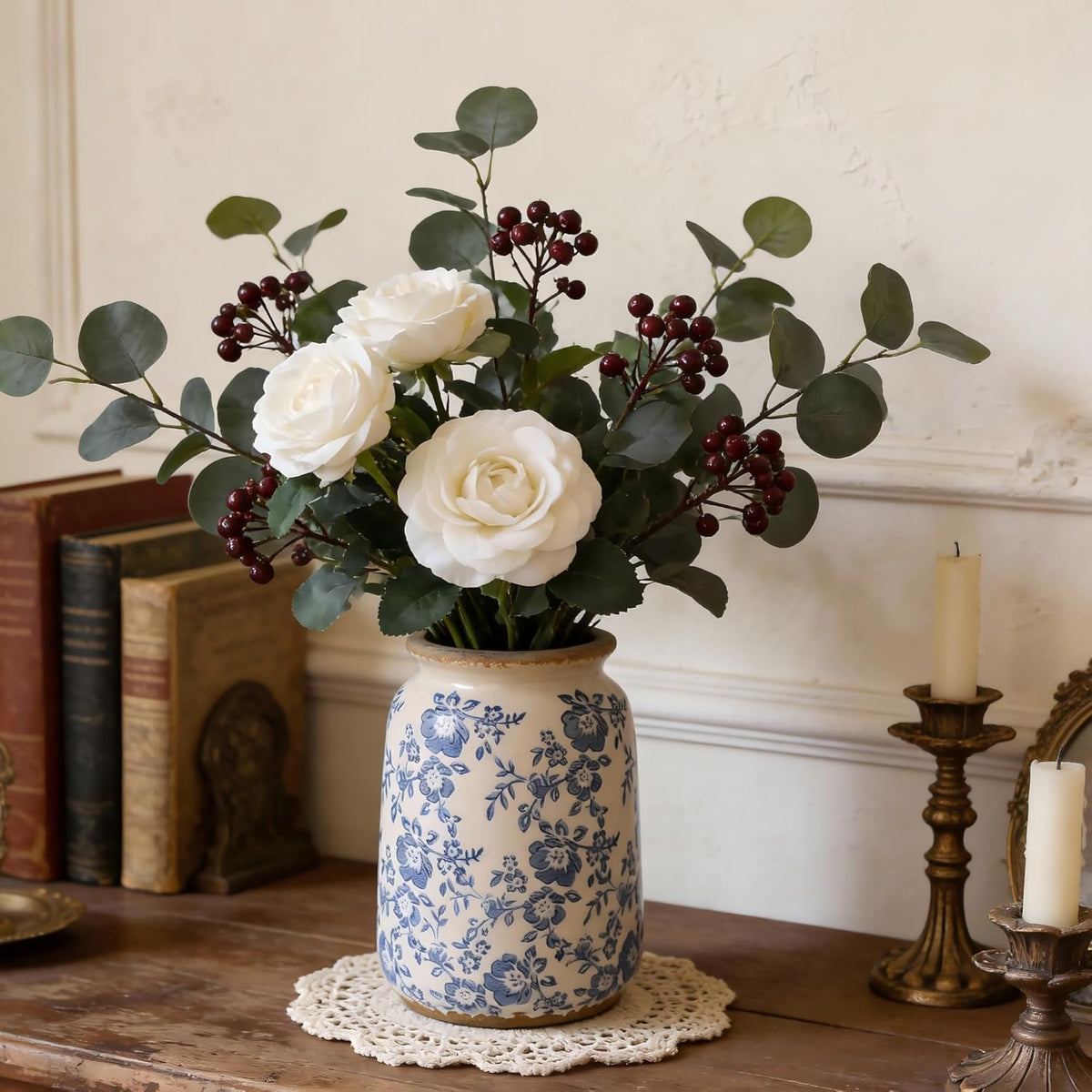 Ronasip Vintage Blue and White Chinoiserie Ceramic Vase, 6.9” Hand-Painted Peony Floral Design, Antique Style Vases for Home Decor, Centerpieces, Living Room, Balcony (Blue and White)