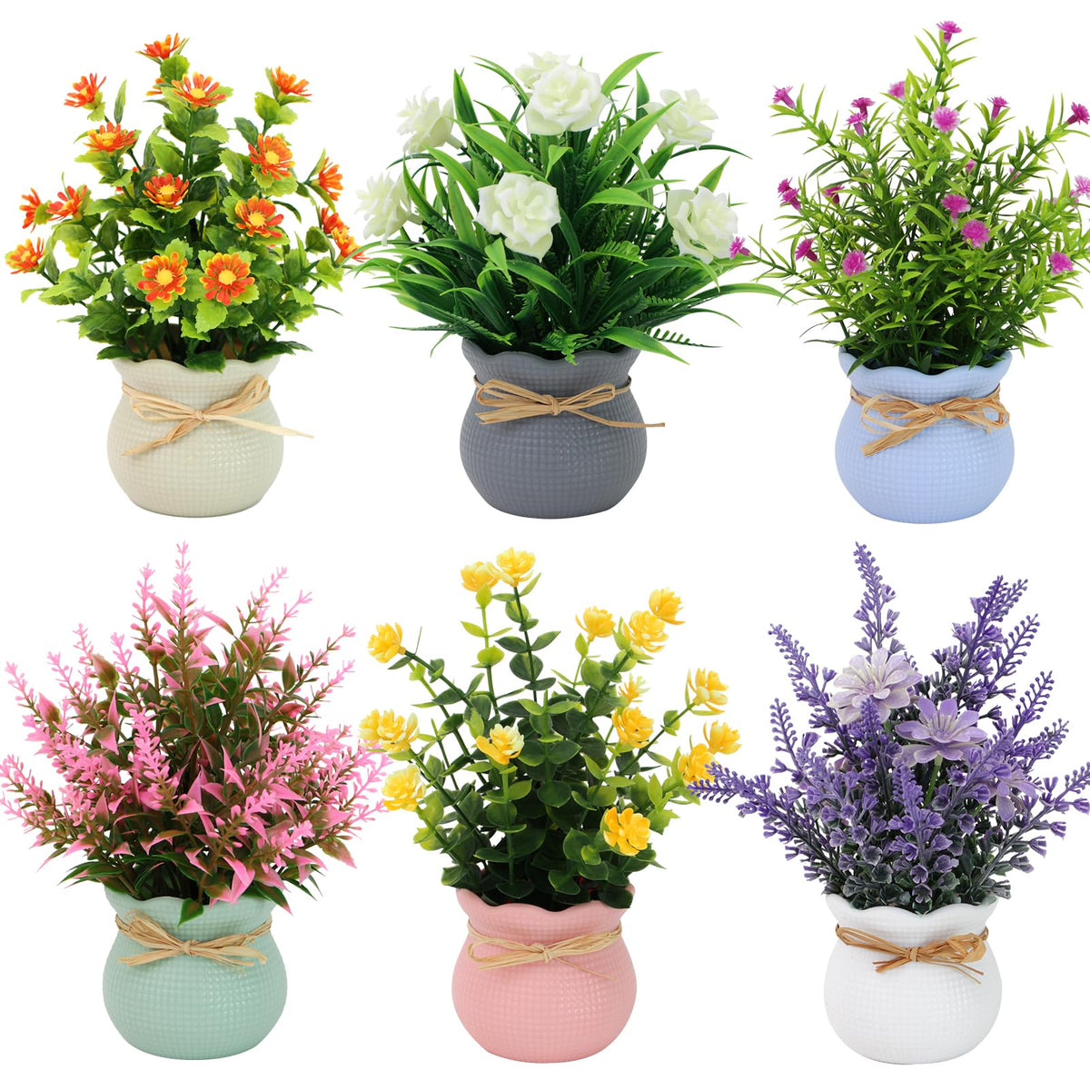 Yoratee 6PCS Artificial Flowers Pot Small Fake Plants with Mini Potted Plants for Home Office Tabletop Centerpiece Decoration