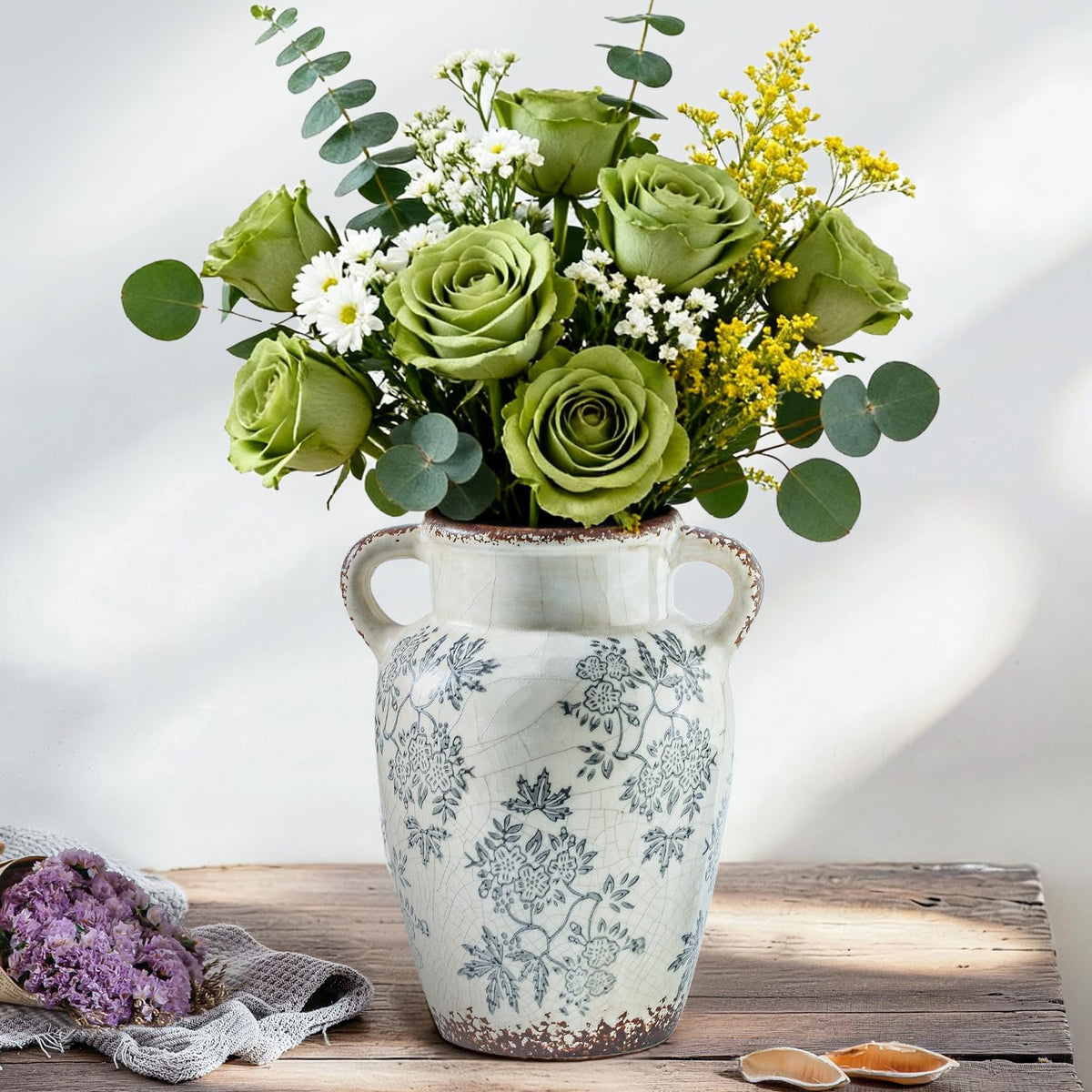 Enra Blue and White Ceramic Vase with Handles, Chinoiserie Floral Decor