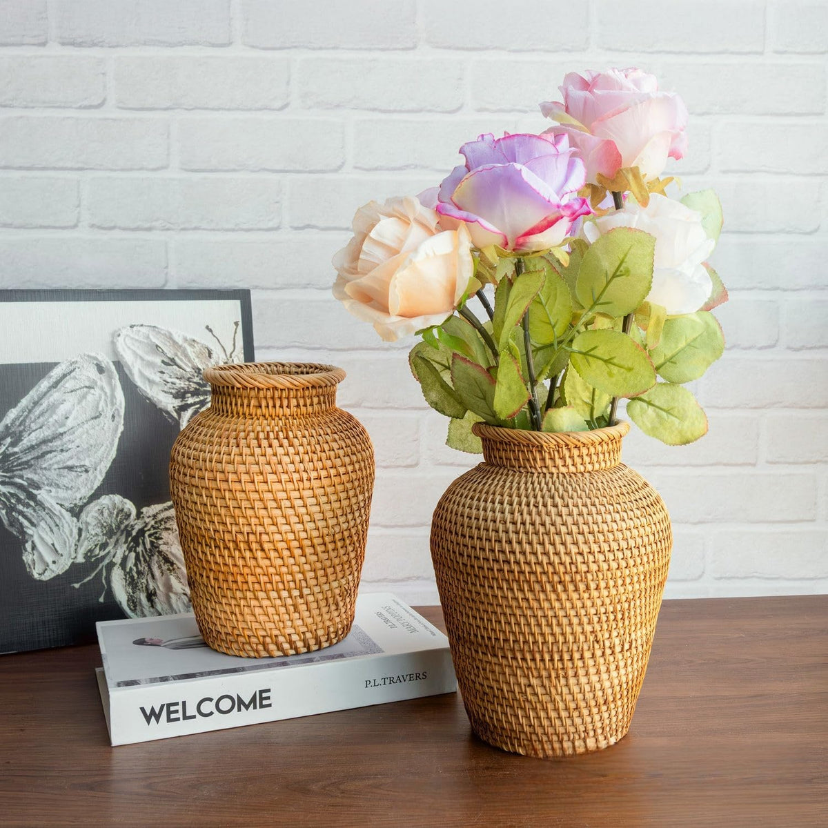 Small Rattan Vase, 7.9" High Hand Woven Wicker Flower Vase for Home Decor
