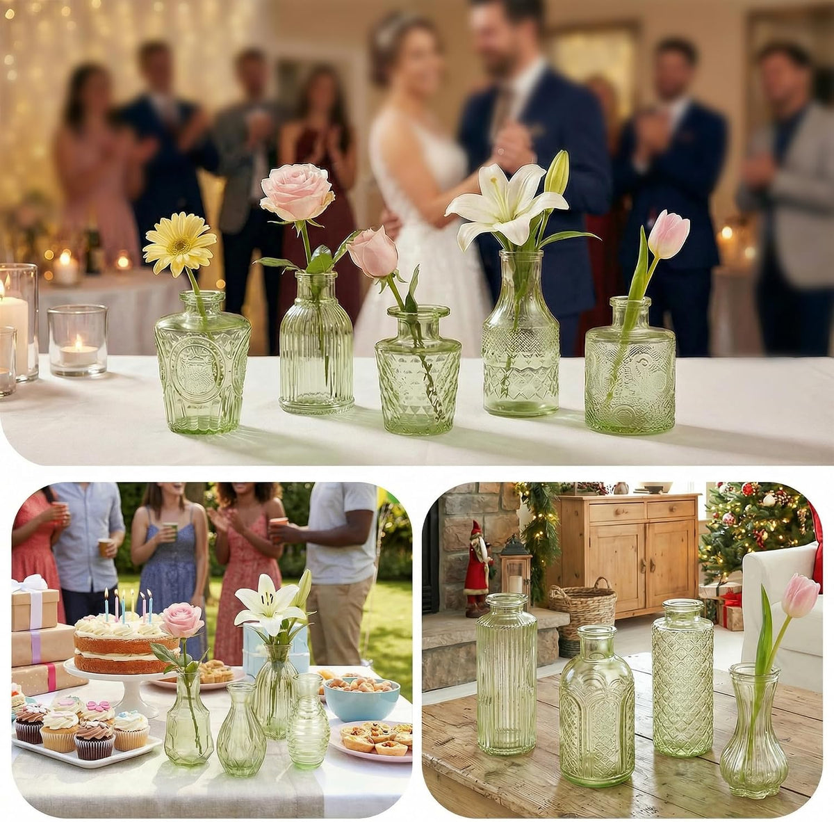 Glass Bud Vases in Bulk Small Mini Green Vase for Flowers 17pc