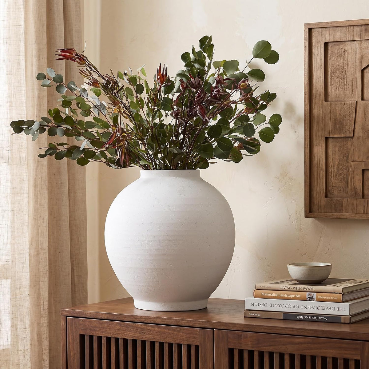 White Ceramic Vase, Large 12.5 Inch Tall Round Floor Vase for Centerpieces, Farmhouse Flower Vases, Rustic Minimalist Home Decor