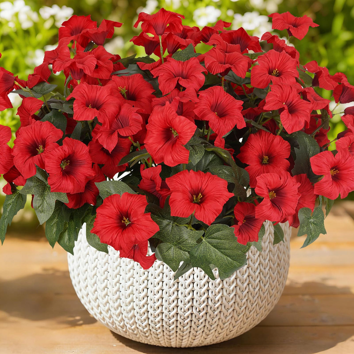 Artificial Flowers for Outdoors, Faux Morning Glory Spring Summer Decoration, Fake Flowers Plants UV Resistant Look Real Silk Flowers for Outside Planter Front Door Porch Patio Yard (12, Purple-White)