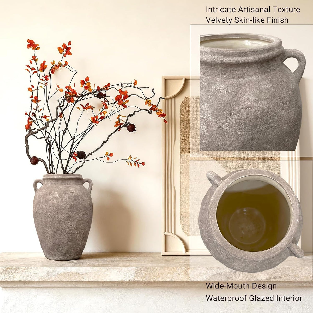 Rustic Ceramic Flower Vase, Vintage Two-Handle Brown Textured Home Décor
