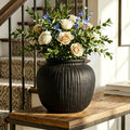 Oakrain Large Vase with Vertical Ribbed Texture, 11" Black Round Vase