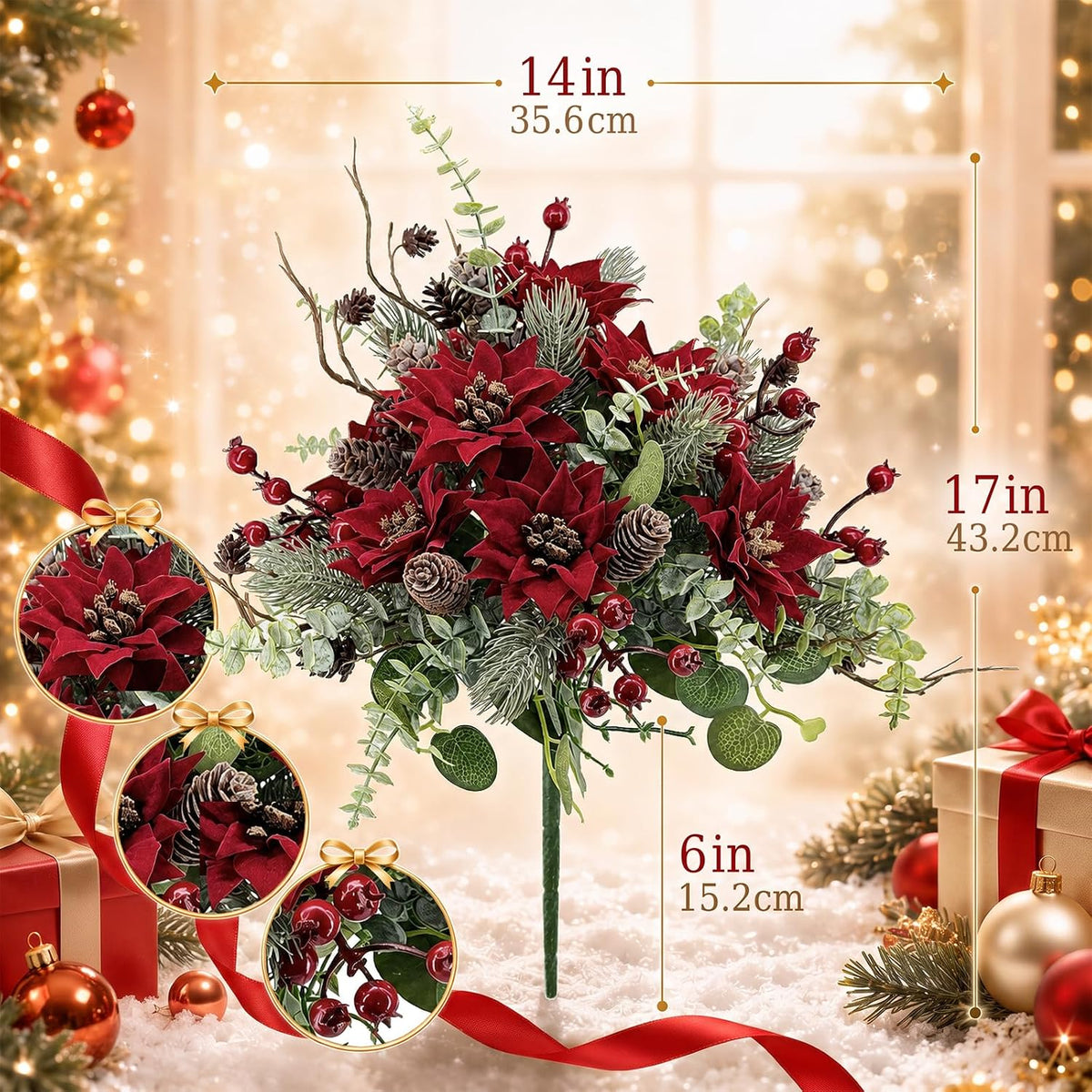 2Pcs Christmas Artificial Flowers Poinsettia Bouquet Winter Décor
