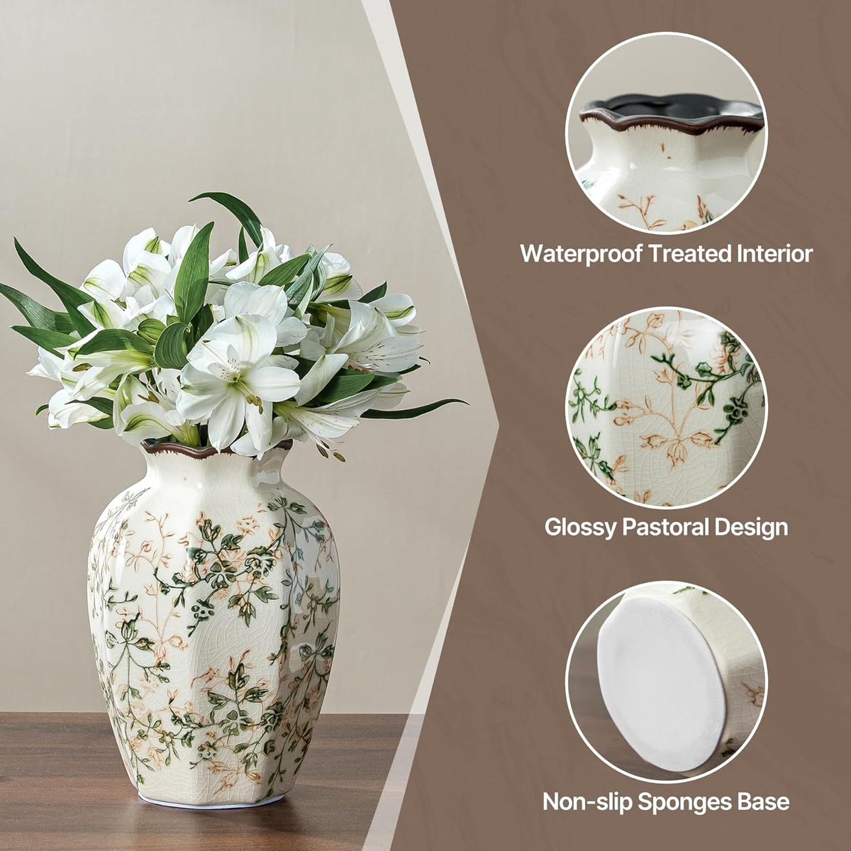 Ceramic Flower Vase for Home Decor, Vintage Green Decorative Vase 6.7 Inch