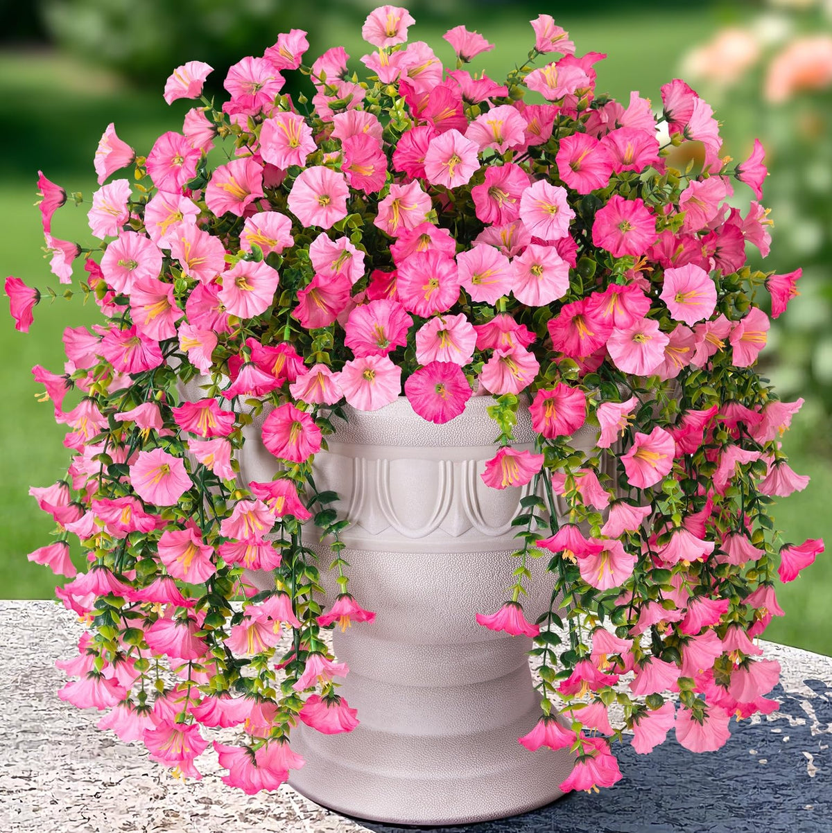 Artificial Faux Hanging Flowers Plants for Outdoor Decor,2 PCS Fake Silk Morning Glory with Eucalyptus UV Resistant Realistic Trailing Vines for Wall Home Porch Patio Balcony Yard Indoor Decor,White
