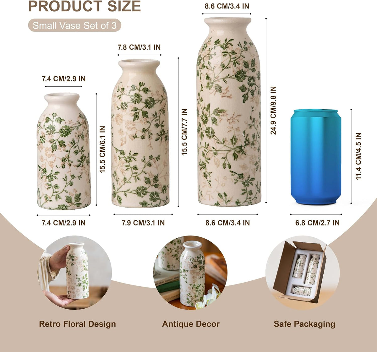 Teweiqi Vintage Vase Set of 3, Ceramic Flower Vases Chinoiserie Decor, Rustic Farmhouse Vases Retro Decorative Vases, for Home Living Room Kitchen Table Mantle Shelf Decor - Green and White