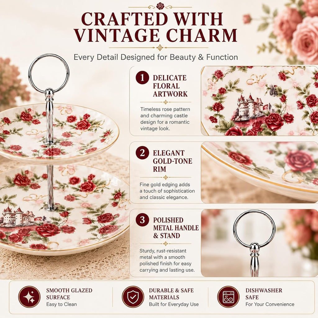 Rose Floral 2-Tier Serving Stand, Ceramic Cupcake & Dessert Tray