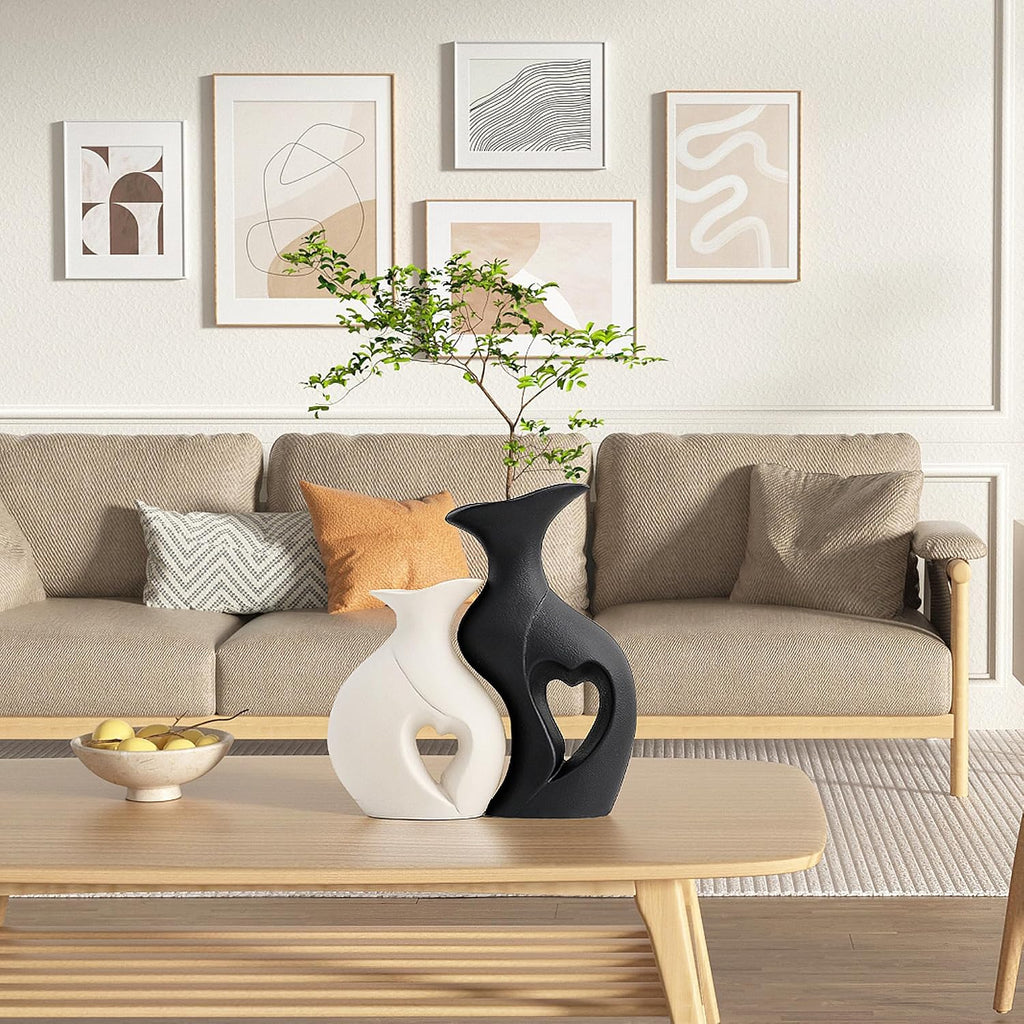 Black and White Vases Home Decor Heart Shape Ceramic Vase Set of 2