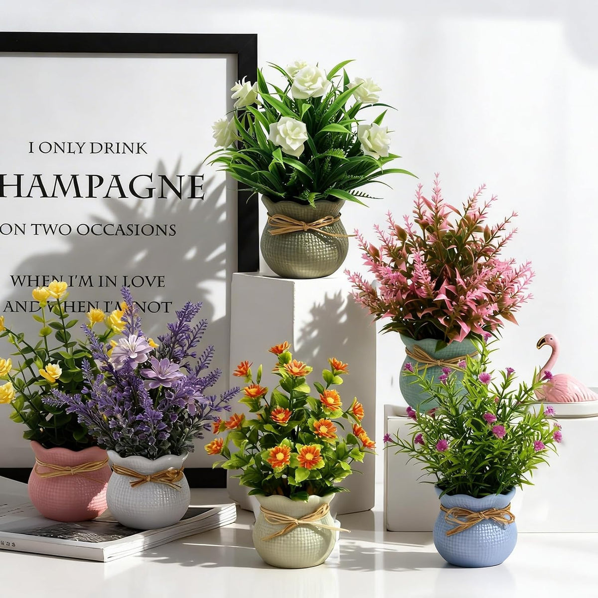 Yoratee 6PCS Artificial Flowers Pot Small Fake Plants with Mini Potted Plants for Home Office Tabletop Centerpiece Decoration