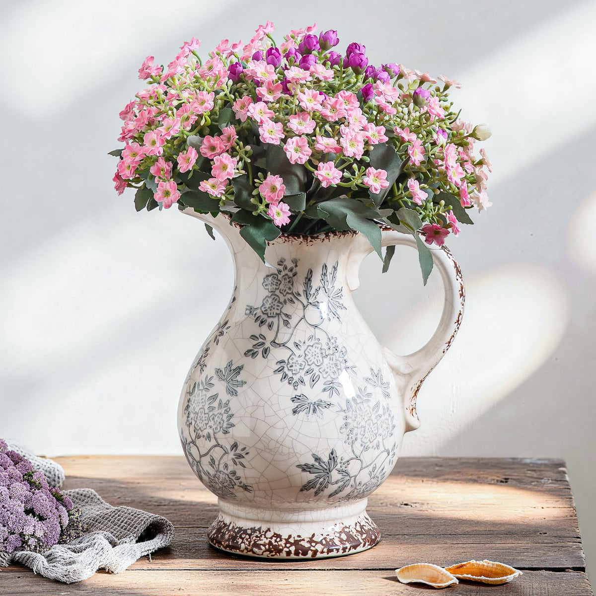 Enra Blue and White Ceramic Vase with Handles, Chinoiserie Floral Decor