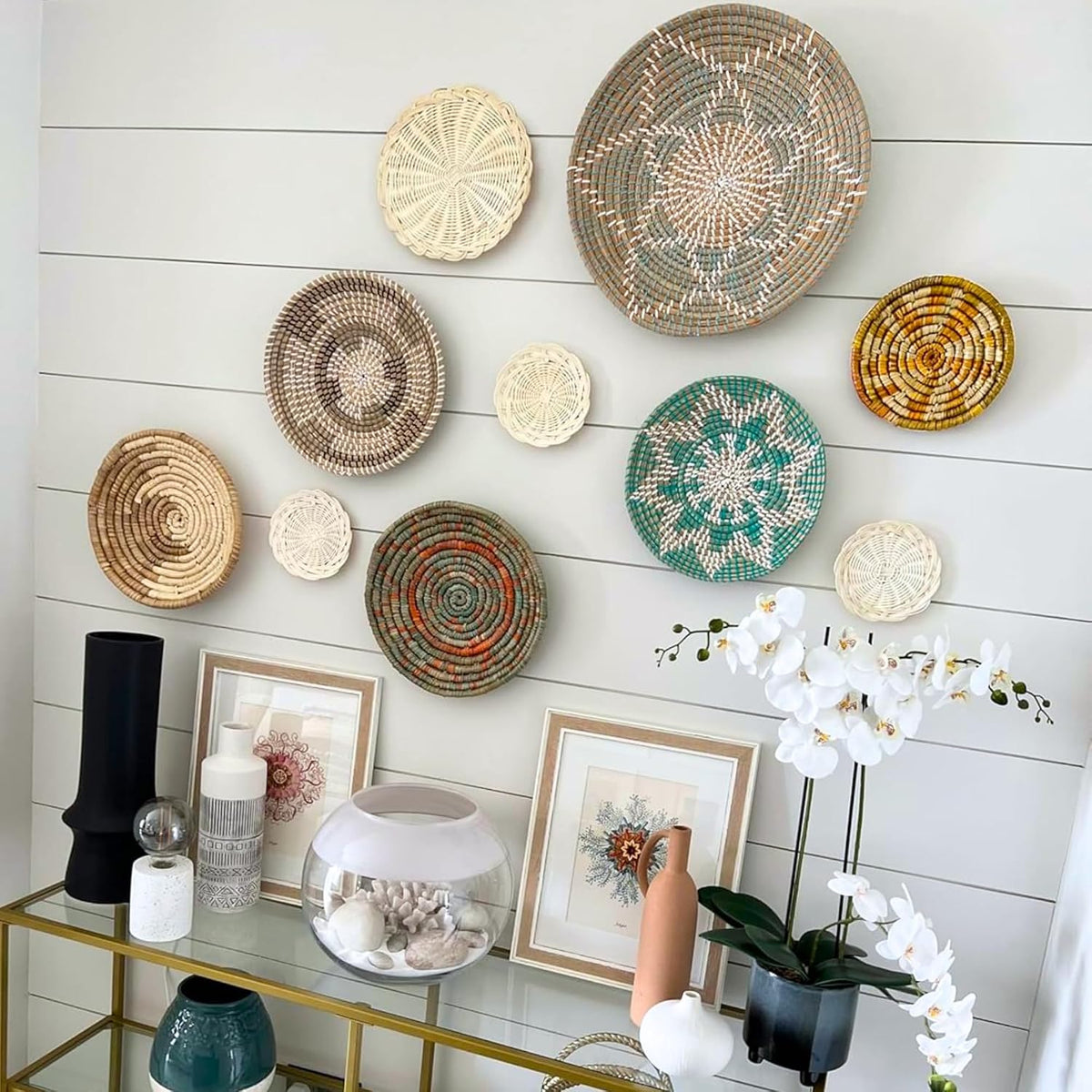 Wicker Basket Wall Decor Set of 10 with Loops, Seagrass, Handmade