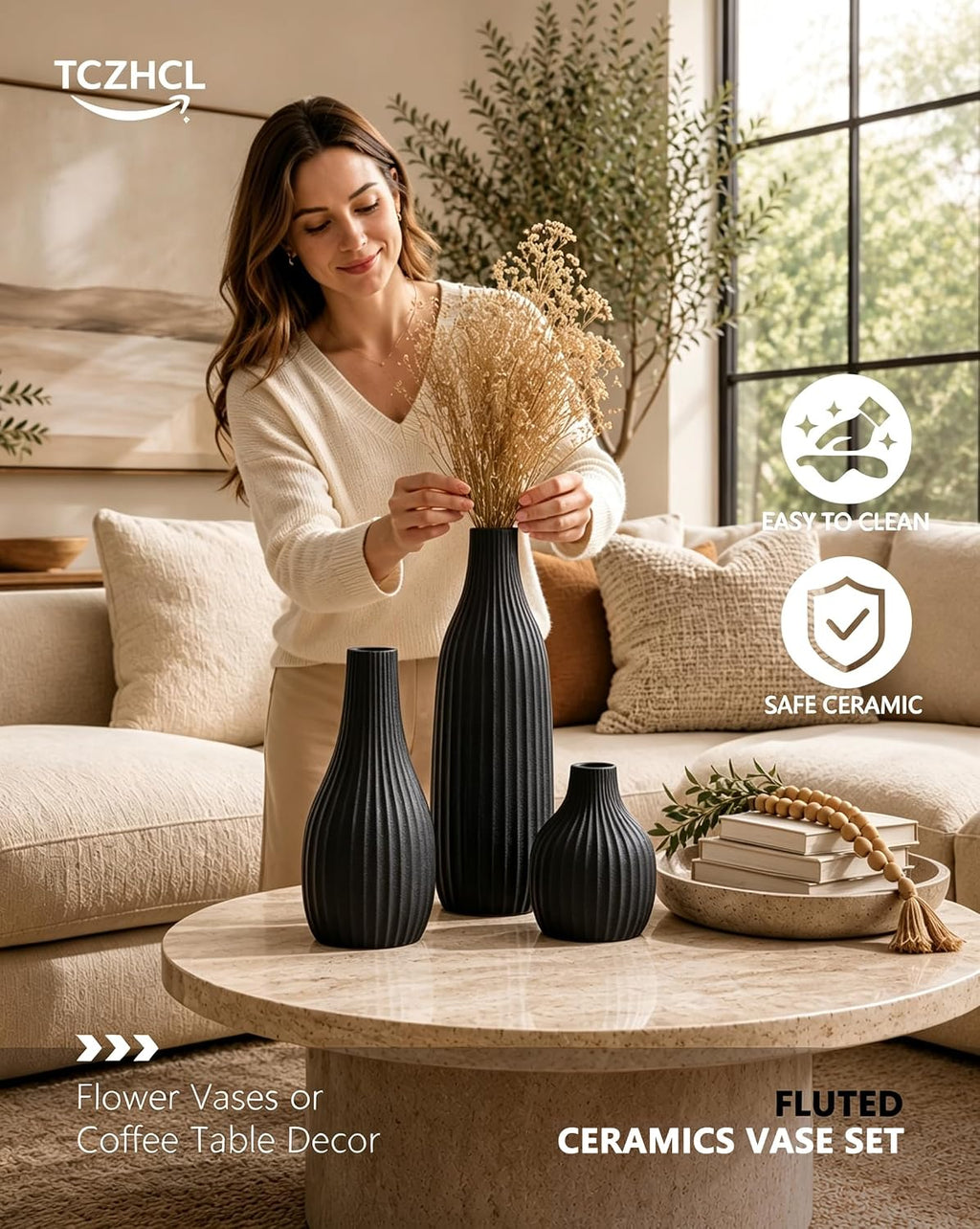 Minimal Line Black Ceramic Vase Set of 3, Matte Decorative Flower Vases