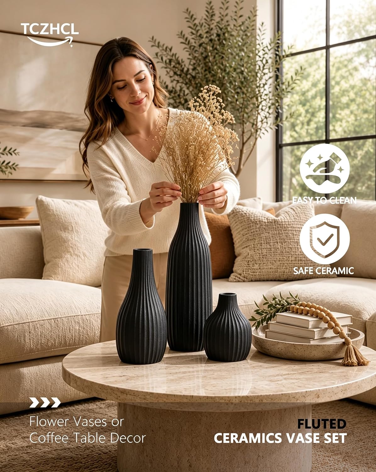 Minimal Line Black Ceramic Vase Set of 3, Matte Decorative Flower Vases
