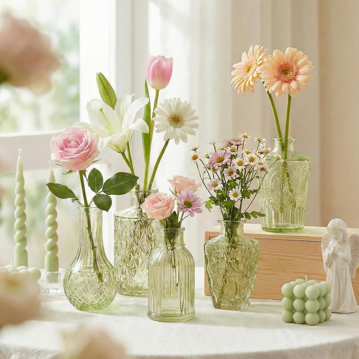 Glass Bud Vases in Bulk Small Mini Green Vase for Flowers 17pc