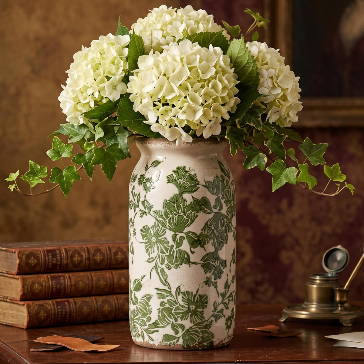 Vintage Chinoiserie Ceramic Vase, Green Flower Vases for Home Decor, 6.2in