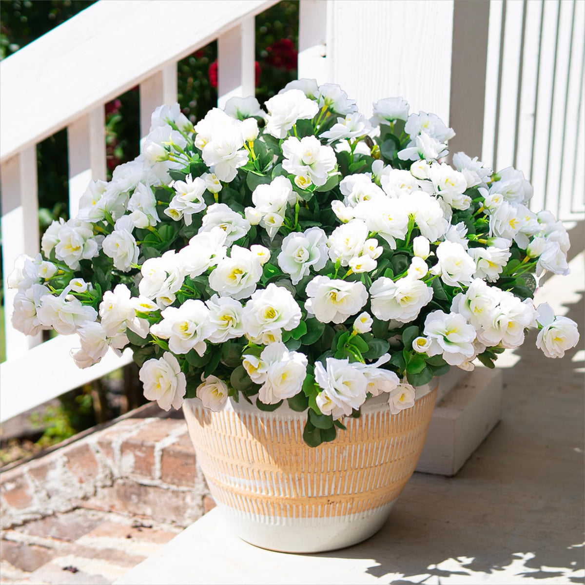 HyeFlora Artificial Fake Flowers for Outdoor Outside Spring Decoration, Fake Silk Red Camellia Flower UV Resistant Realistic Plants for Planter Front Door Porch Patio Table Indoor, 3 Large Bundles