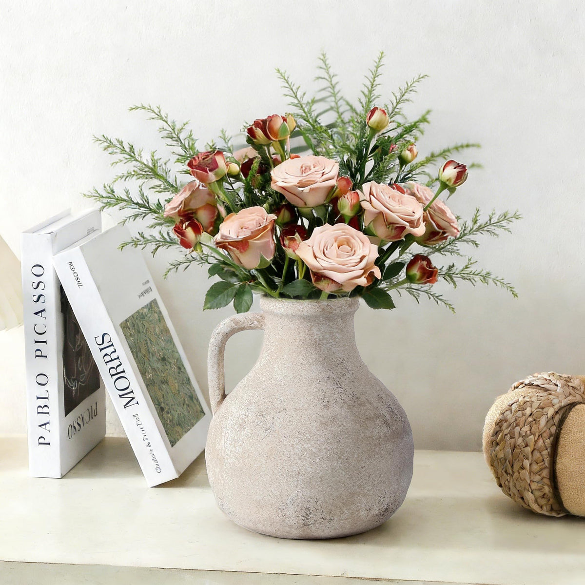 Ceramic Flower Vase, 7.4 Inch Rustic Farmhouse Pottery Decor
