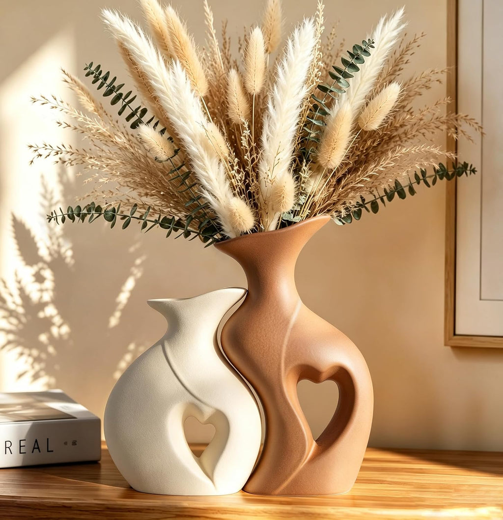 Ceramic Vase Set of 2, Heart Vases for Home Decor, Wedding Gift for Couples