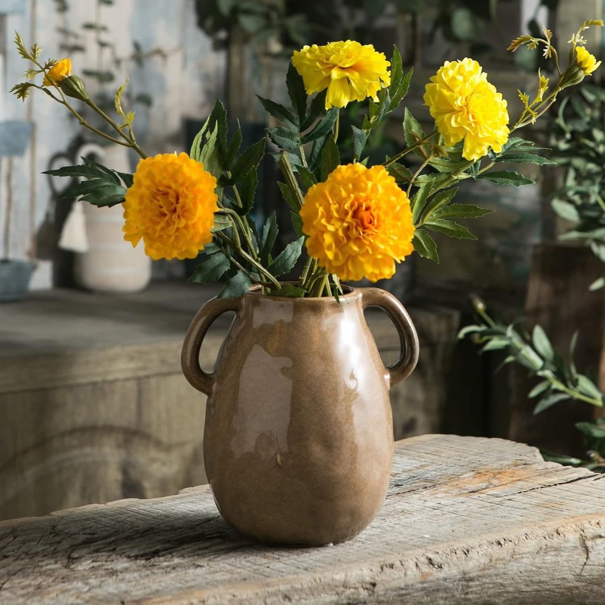 Tanvecle Brown Ceramic Vase with Handles, 7" Modern Farmhouse Decor