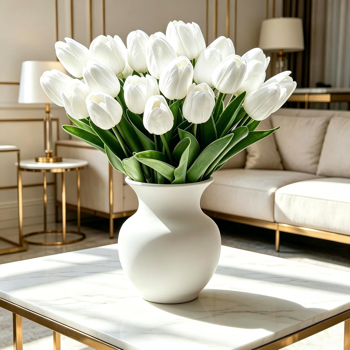 25Pcs Artificial Tulips, Real Touch Faux Tulips Artificial Flowers (White)