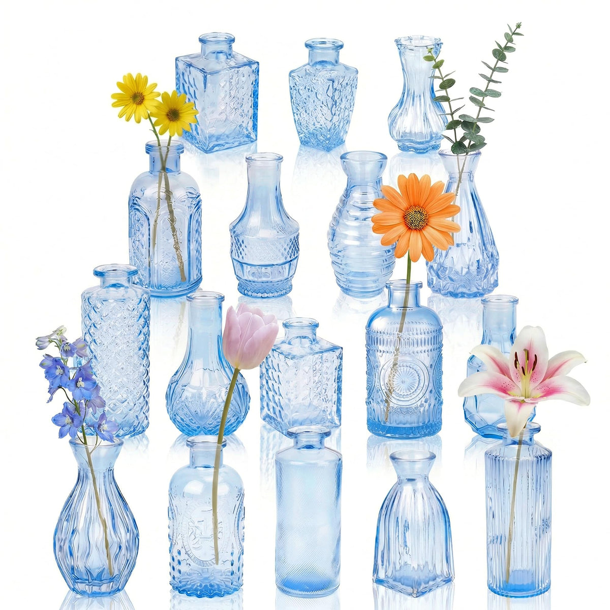 Glass Bud Vases in Bulk Small Mini Green Vase for Flowers 17pc