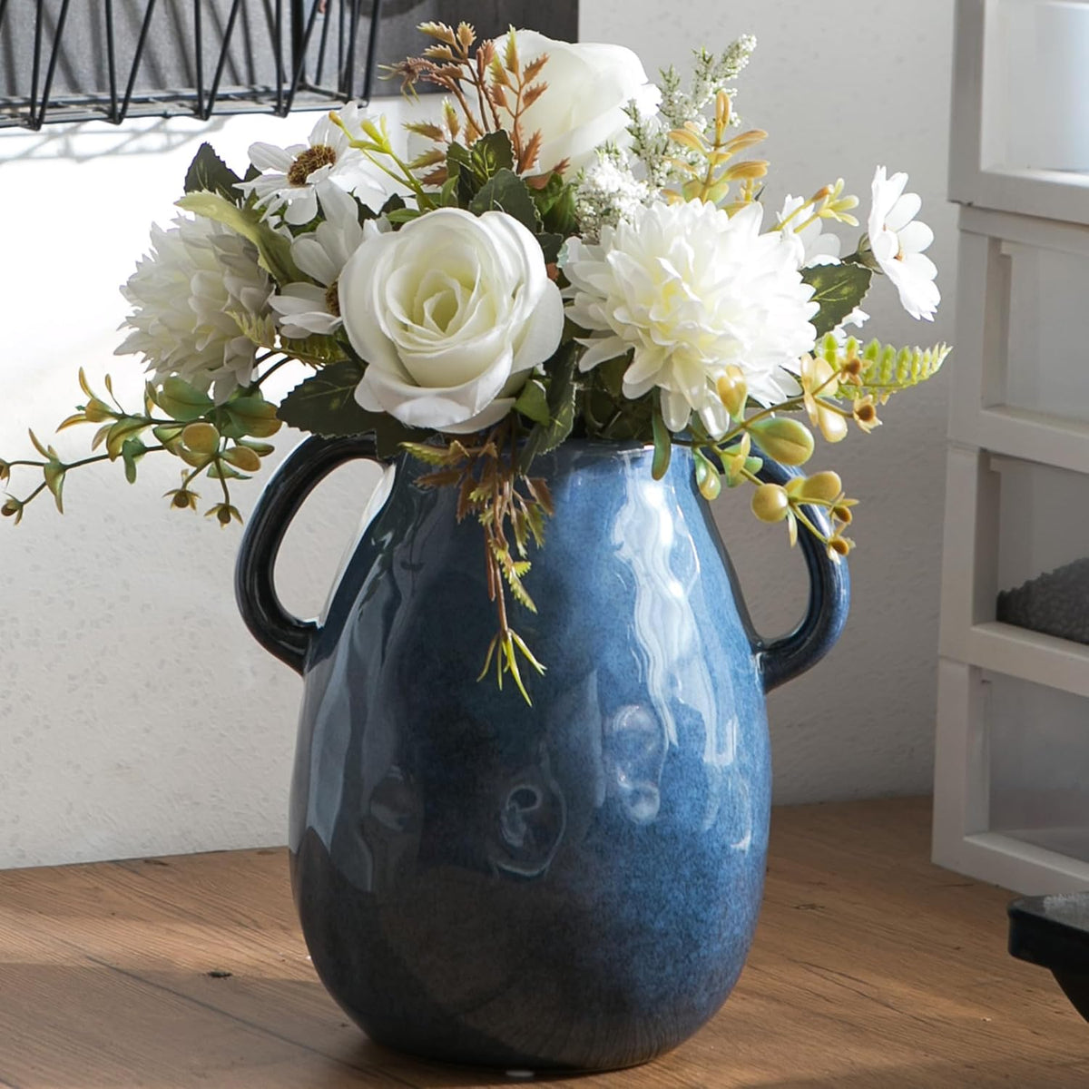 Blue Ceramic Vase with 2 Handles, Modern Farmhouse Vases for Home Decor, Rustic Pottery Vase, Decorative Terracotta Vases for Pampas Grass, Clay Jug for Living Room Dining Table Shelves