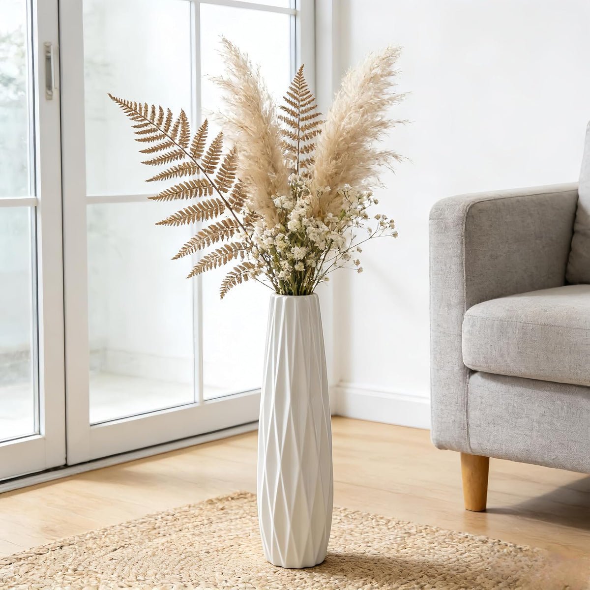 Large White Ceramic Vase, 17.7" Tall Floor Vase for Pampas Grass