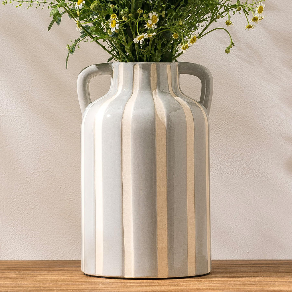 SURE YUESI Black Ceramic Vase with Handles, 9.1 Inch Striped Flower Vase for Halloween Decor, Modern Farmhouse Vase for Pampas Grass, Shelf Decor, Dining Table Centerpiece