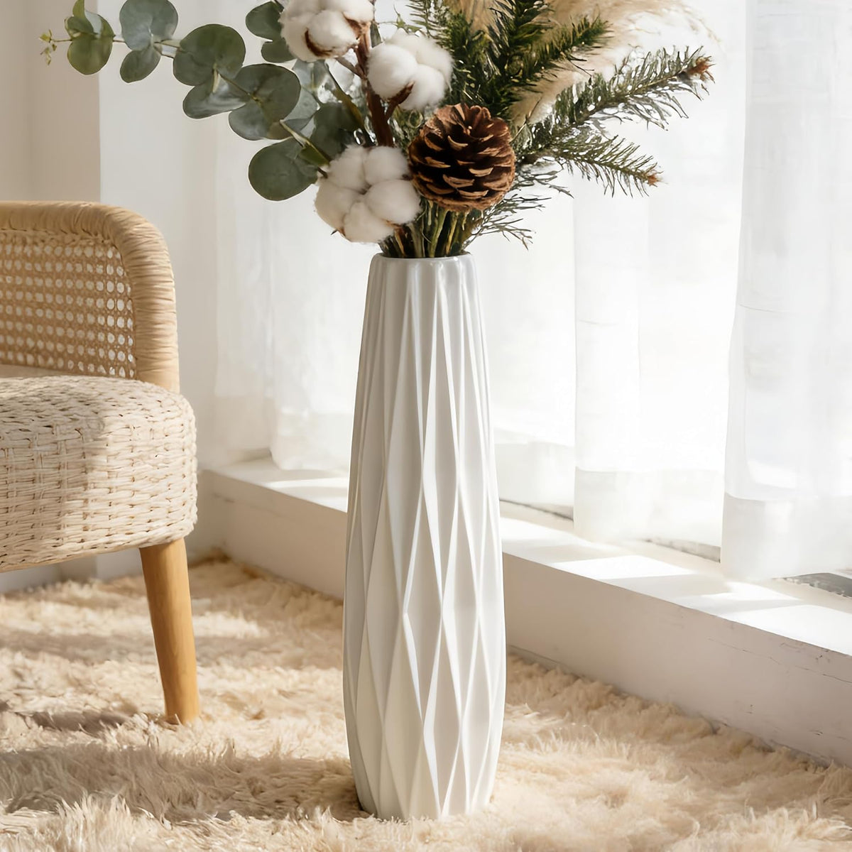 Large White Ceramic Vase, 17.7" Tall Floor Vase for Pampas Grass