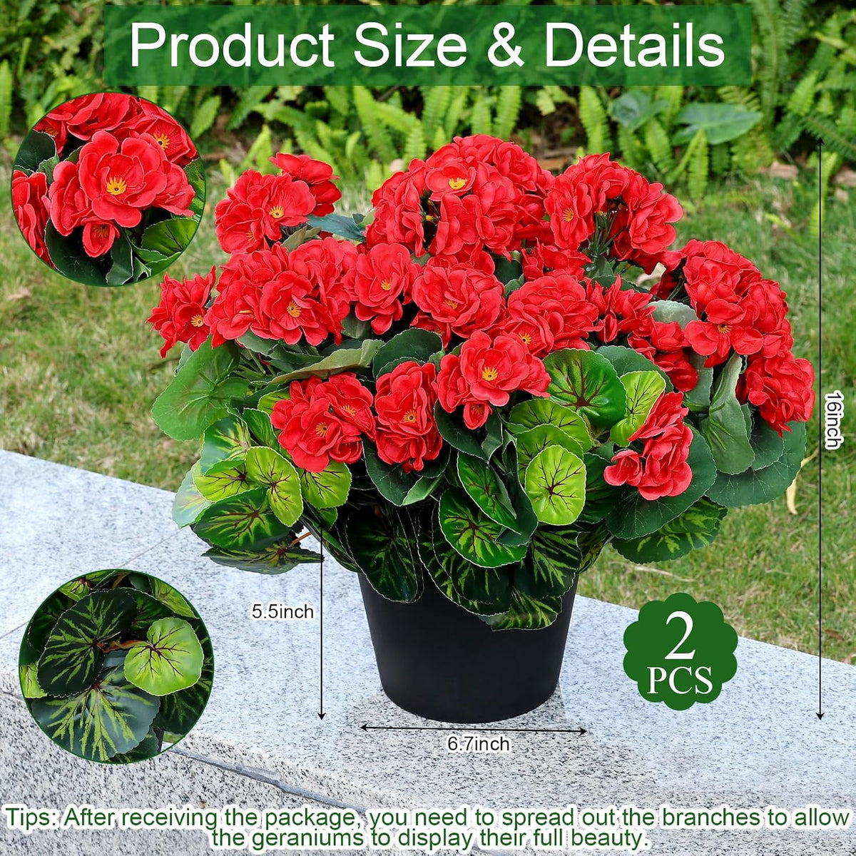 Set of 2 Artificial Geranium Potted Plant, Red, 16 Inch