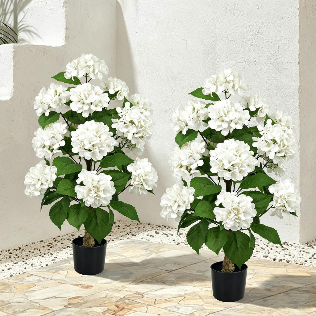 2 Pack Artificial Hydrangea Tree 31.5'', Potted Hydrangea Flowers