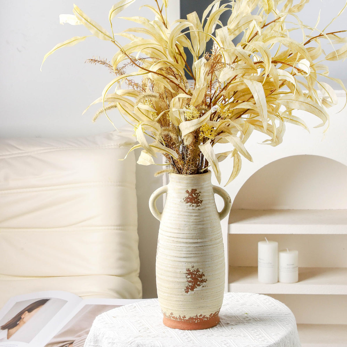 Ceramic Flower Vase, 7.4 Inch Rustic Farmhouse Pottery Decor